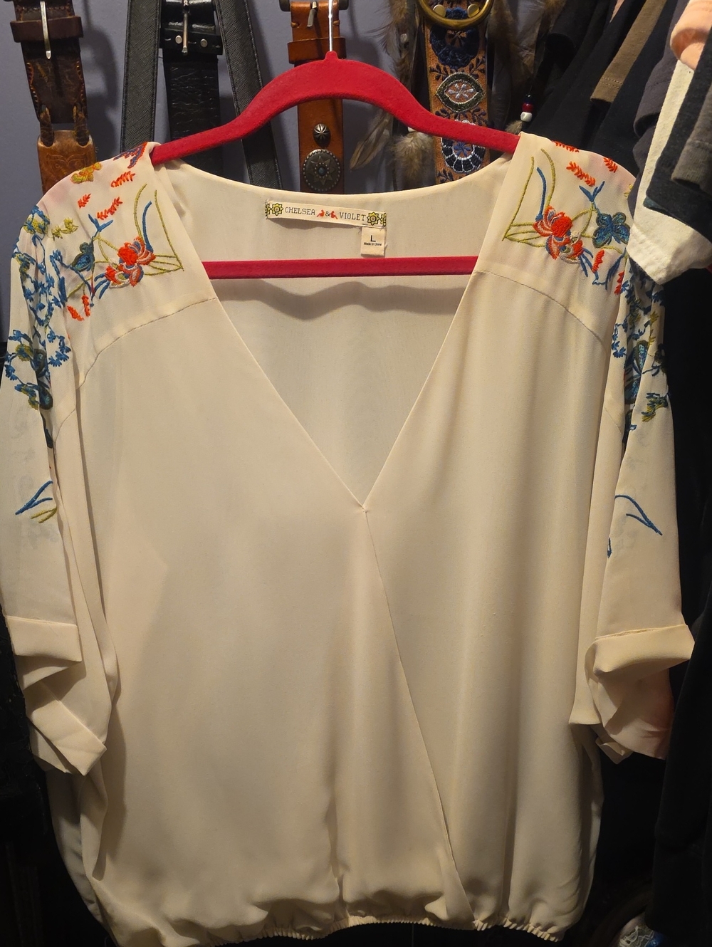 Chelsea & Violet Cream V-Neck Blouse with Floral Embroidery